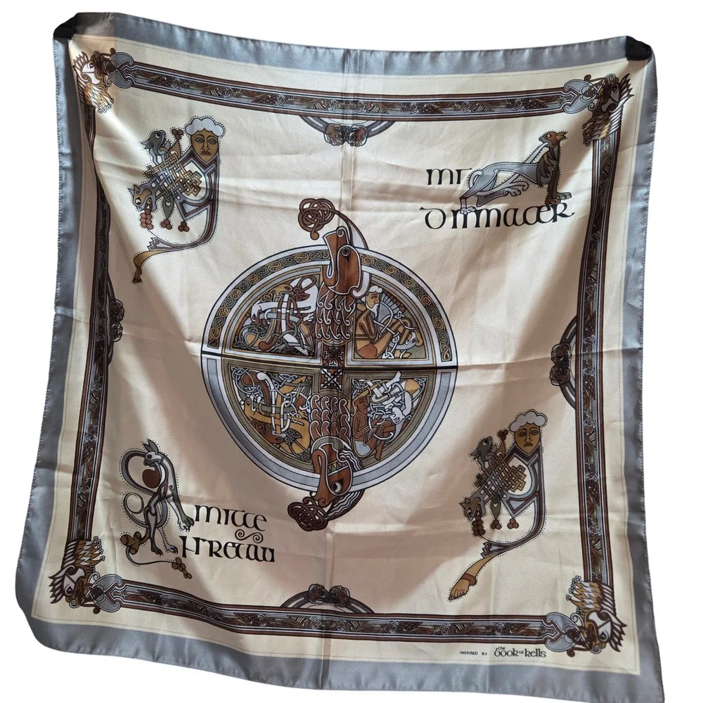The Book of Kells Inspired Celtic Knotwork Square Scarf Cream Grey Gold Scarf